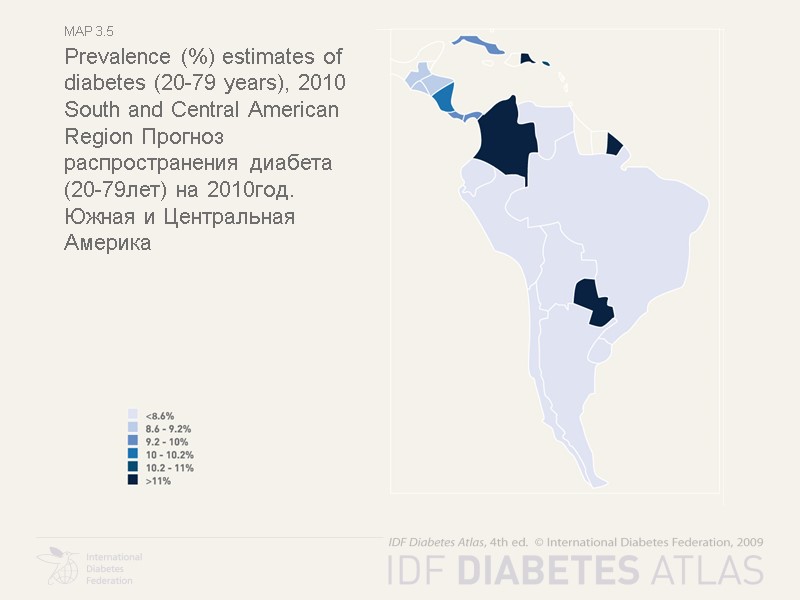 Map 3.5 Prevalence (%) estimates of  diabetes (20-79 years), 2010 South and Central
